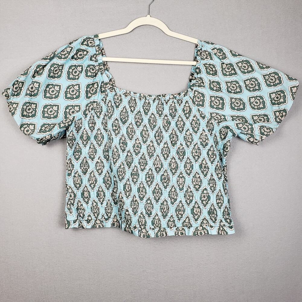 Maurices Size 2X‎ Puff Sleeve Smocked Crop Blouse Blue Bohemian Indie Paisley